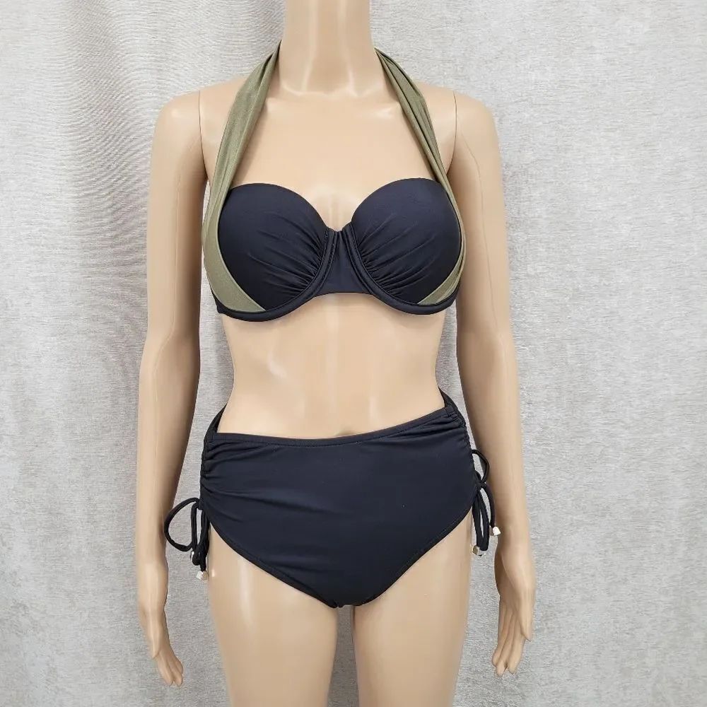 Venus Vintage Black and Olive Women's Halter Bikini and Scruch Ruched Bottoms
